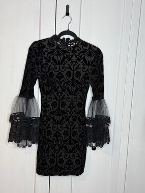 monaco Black Velvet Damask burnout Mini Dress with Lace Bell Sleeves XS